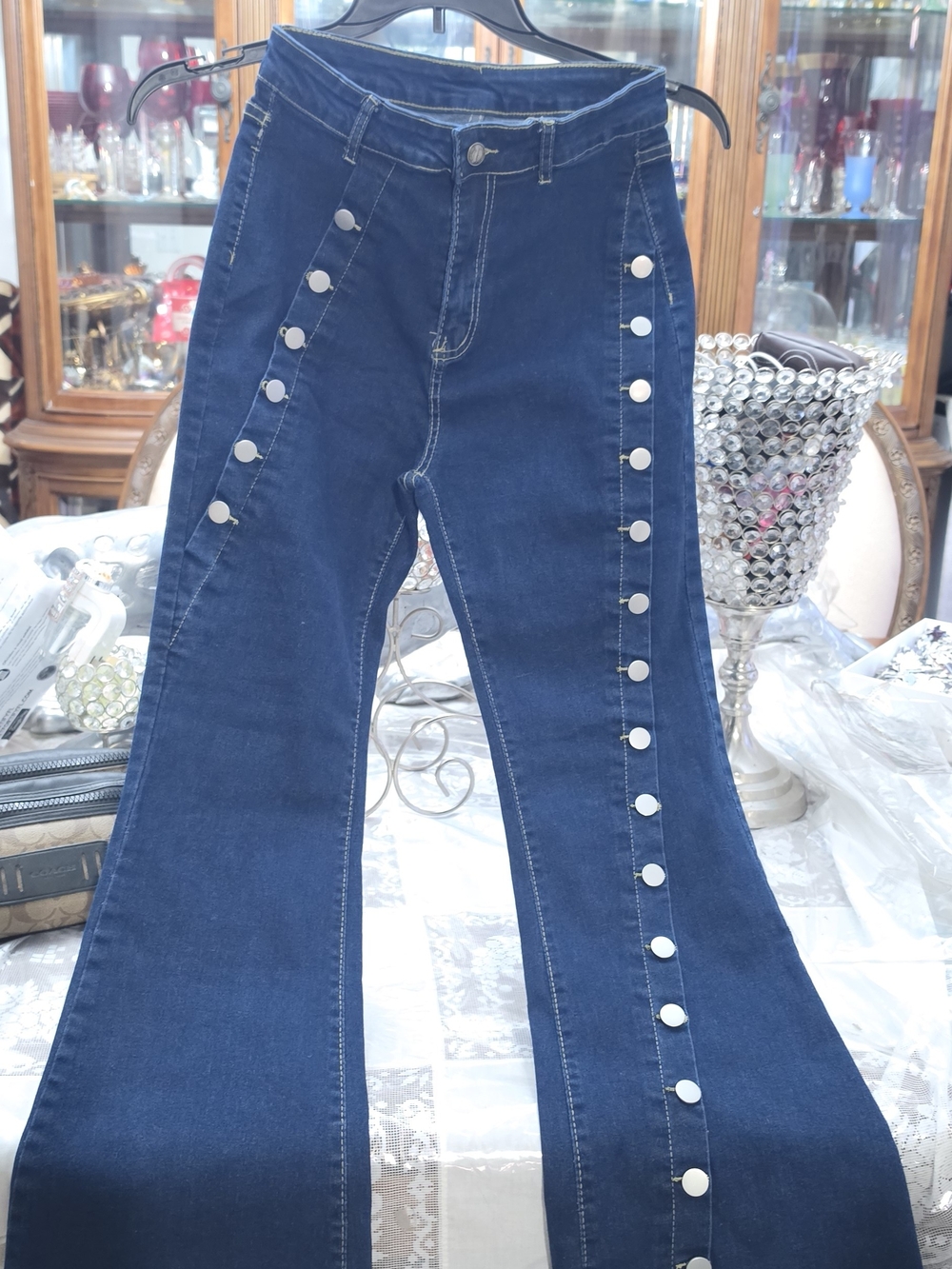 Dark Blue High-Waist Flare Jeans with Side Snap Detail